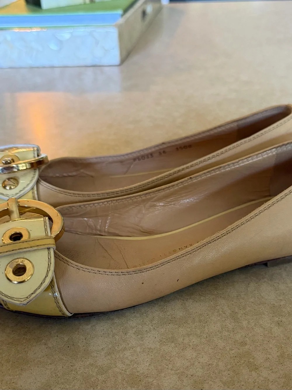 Giuseppe Zanotti Gold Buckle Ballet Flats tan leather cream patent leather 6 36